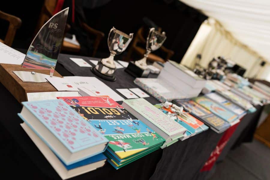Books and Trophies on table