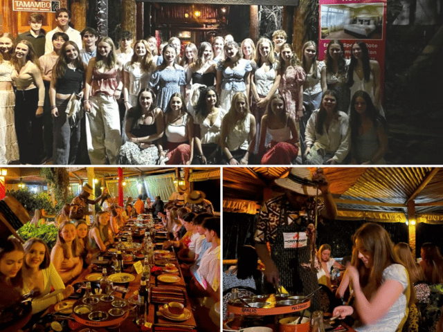 Group photos of Oakham School pupils enjoying a meal in Kenya