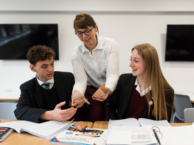 Head of Psychology Charlotte Findlay with pupils in class