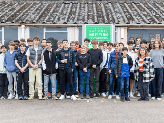 Pupils grouped outside the Museum of Computing