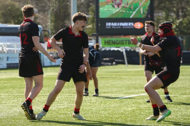 Oakham School's 1st XV rugby players celebrate their National Plate Final win.